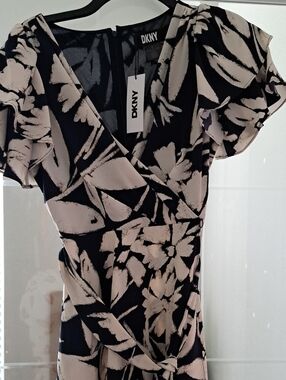 DKNY Navy and Cream Floral Midi Wrap Dress